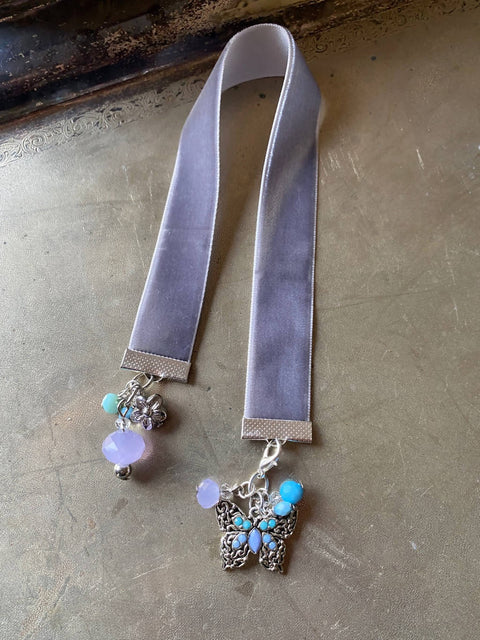 Grey Ribbon Bookmark with Blue Butterfly Charm