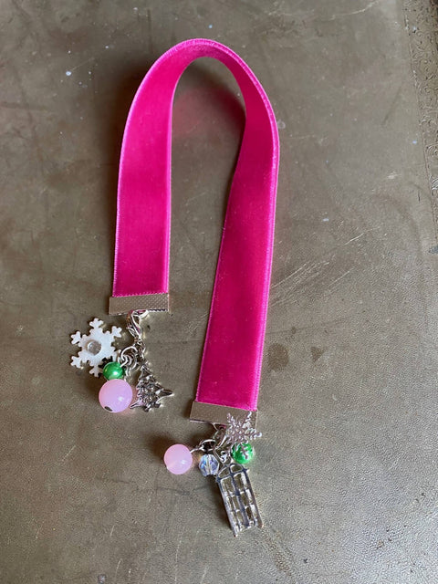 Pink Ribbon Bookmark with Winter Charms