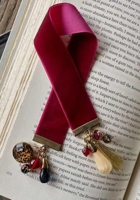 Cherry Red Ribbon Bookmark with Glam Gold, Leopard Charms