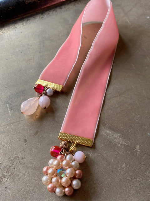 Apricot Ribbon Bookmark with Pearl Vintage Charm
