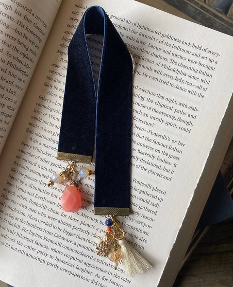Navy Ribbon Bookmark with Orange Stone, Owl, Tassel Charms