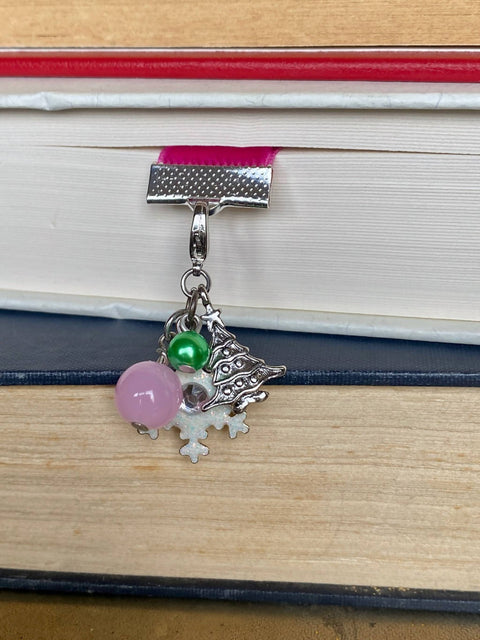 Pink Ribbon Bookmark with Winter Charms