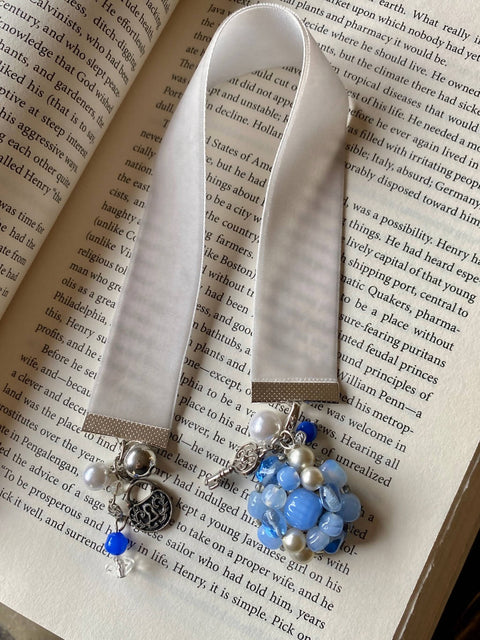 Grey Ribbon Bookmark with Vintage Blue Glass Bead, Key Charm