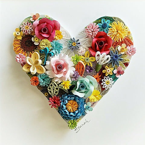 Framed Paper Quilling Art: Botanical Flower Heart Gift