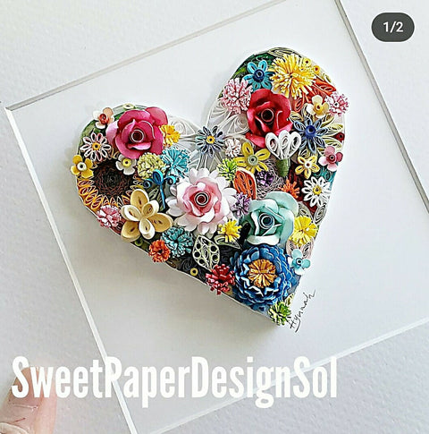 Framed Paper Quilling Art: Botanical Flower Heart Gift