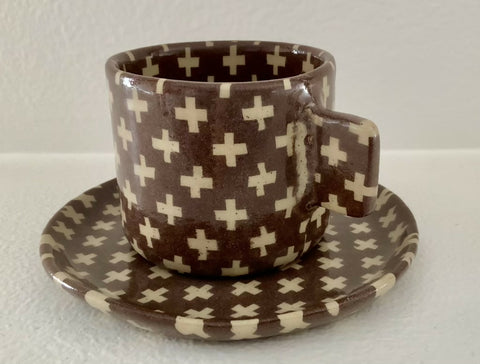Handmade Nerikomi Mug and Saucer, Brown and Cream Geometric Ceramic Cup, One-of-a-Kind Pottery