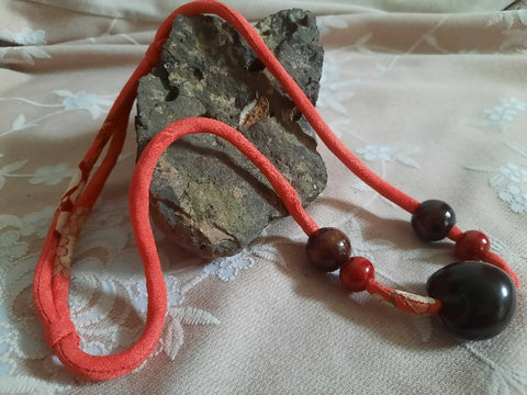 Hawaiian Kukui Nut Necklace on Japanese Kimono Fabric Cord