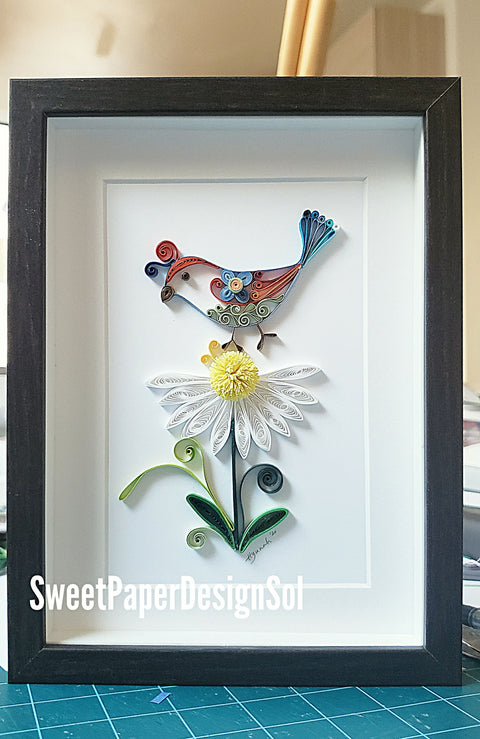 Paper Quilled Daisy &Bird Art: Framed Original Hyunah Yi Design