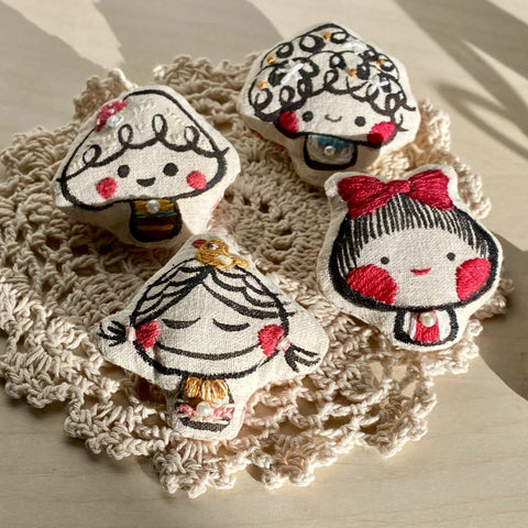 Hand drawn & Embroidery Mushroom Girl Brooches