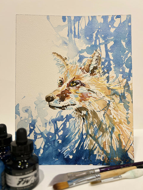 Winter Fox - acrylic ink on watercolour paper