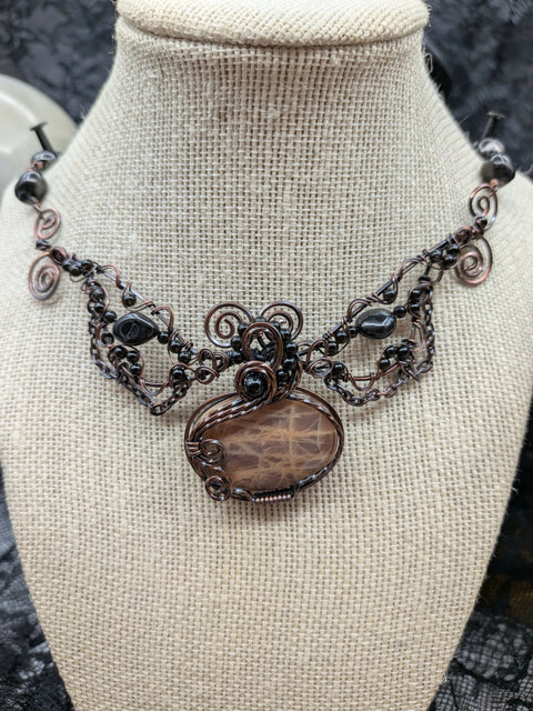 Black Moonstone with Shungite and Obsidian Collar Solid Copper Wire Wrap Collar Pendant Necklace Jewellery Boho