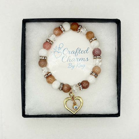 Natural Stone Heart Charm Bracelet, Handcrafted Mixed Beads with Rhinestone Spacers, Elegant and Spiritual Jewelry