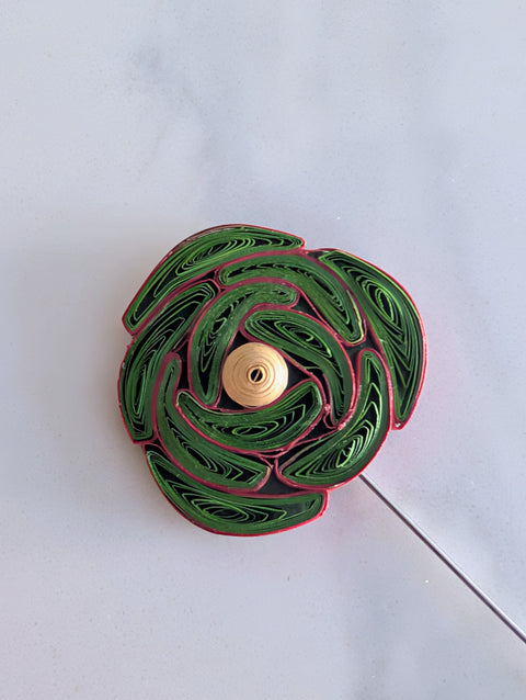 Handcrafted Paper Quilled Rose Lapel Pin - Bright Green & Red Floral Brooch with Yellow Center - Sealed Wearable Paper Art
