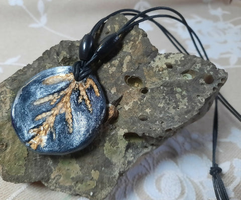 Nature imprint Polymer Clay Pendant Necklace on leather cord