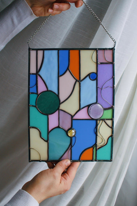 Abstract and Geometric Shape Stained Glass Art Panel