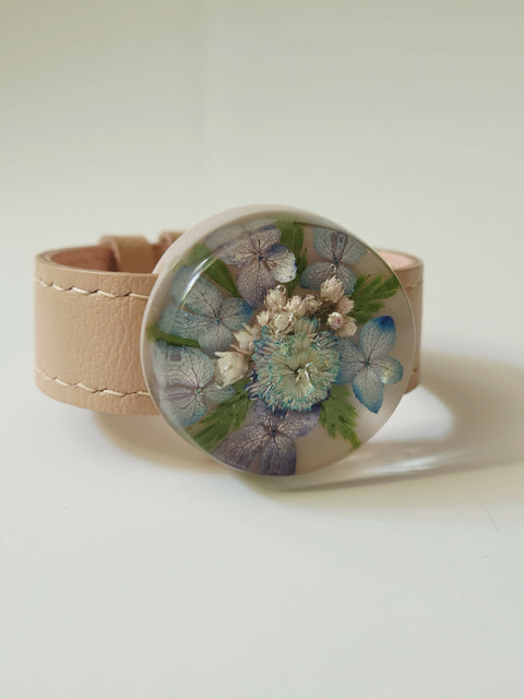 Handmade Resin Bracelet with Real Flowers | Adjustable Leather Strap | Floral Jewellery
