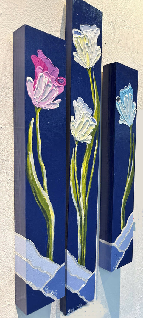 Tulips, set of three tulip paintings, white tulip, pink tulip, and blue tulip