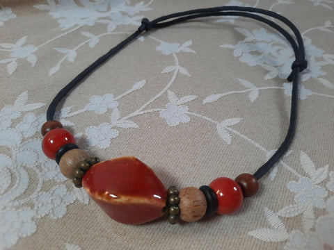 Japanese clay and wood beads Necklace