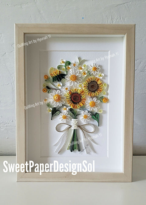 Paper Quilling Art by Hyunah Yi/Daisy and sunflowers bouquet/Wedding /Birthday/Anniversary/Botanical flower art frame
