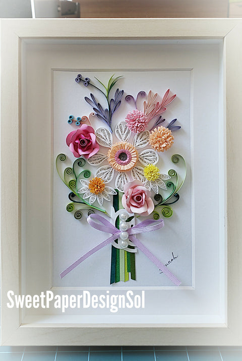Paper floral wall art/ Quilling Art/Daisy & Rose Flower Bouquet Original Art by Hyunah Yi