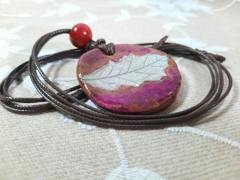 Nature-Imprint Polymer Clay Pendant Necklace on Cotton Cord