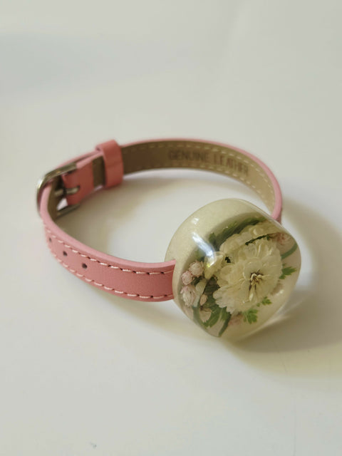Handmade Resin Bracelet with Real Flowers | Adjustable Leather Strap | Floral Jewellery