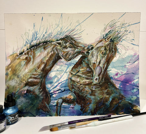 Alberta Wildie Fight - Mixed media on watercolour paper