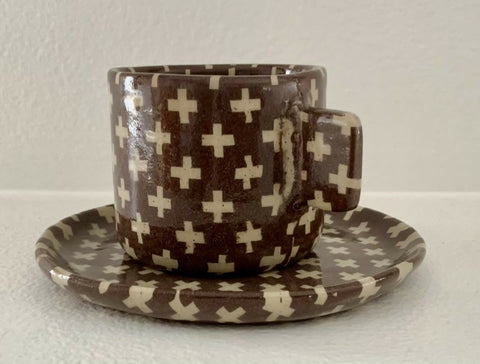 Handmade Nerikomi Mug and Saucer, Brown and Cream Geometric Ceramic Cup, One-of-a-Kind Pottery