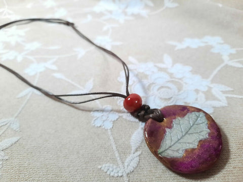 Nature-Imprint Polymer Clay Pendant Necklace on Cotton Cord