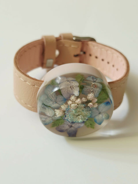Handmade Resin Bracelet with Real Flowers | Adjustable Leather Strap | Floral Jewellery