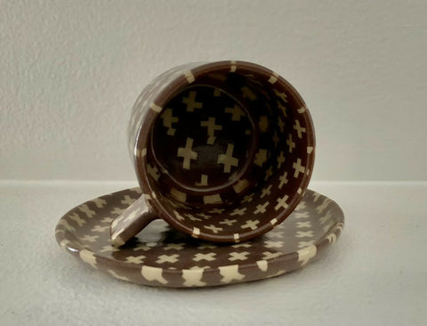 Handmade Nerikomi Mug and Saucer, Brown and Cream Geometric Ceramic Cup, One-of-a-Kind Pottery