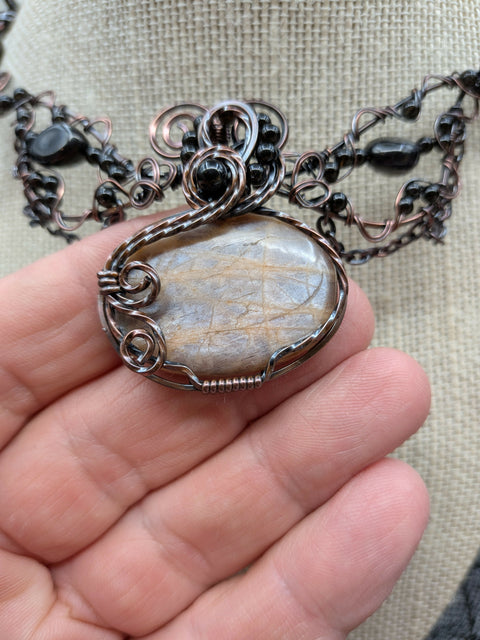 Black Moonstone with Shungite and Obsidian Collar Solid Copper Wire Wrap Collar Pendant Necklace Jewellery Boho