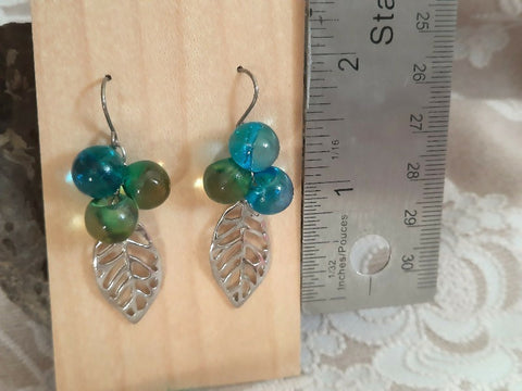 Ocean blue earring with leaf charm and titanium hooks