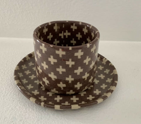 Handmade Nerikomi Mug and Saucer, Brown and Cream Geometric Ceramic Cup, One-of-a-Kind Pottery