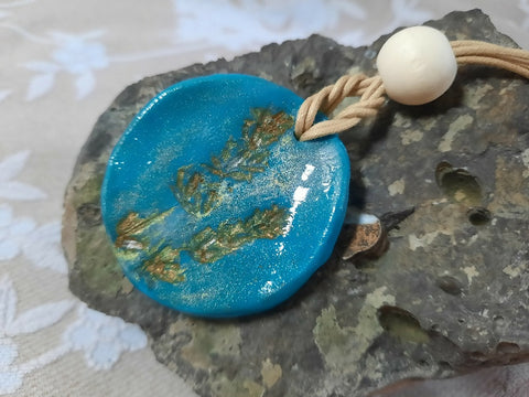 Nature-Imprint Polymer Clay Pendant Necklace on Cotton Cord