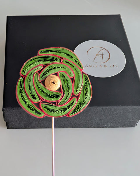 Handcrafted Paper Quilled Rose Lapel Pin - Bright Green & Red Floral Brooch with Yellow Center - Sealed Wearable Paper Art