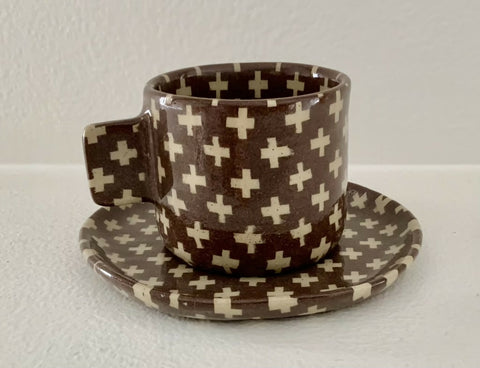 Handmade Nerikomi Mug and Saucer, Brown and Cream Geometric Ceramic Cup, One-of-a-Kind Pottery