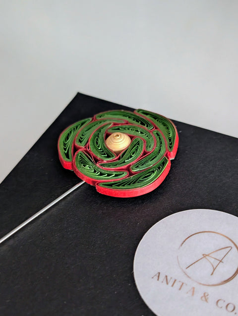 Handcrafted Paper Quilled Rose Lapel Pin - Bright Green & Red Floral Brooch with Yellow Center - Sealed Wearable Paper Art