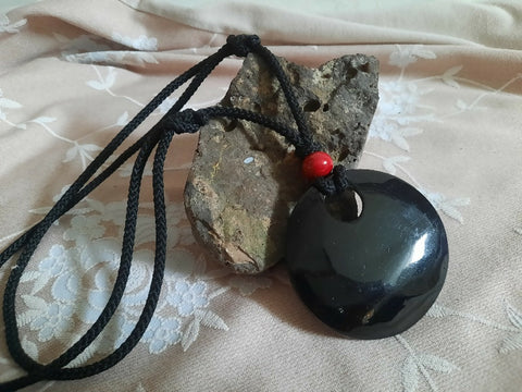 Large black pendant Necklace on Japanese silk cord