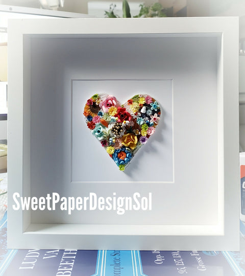 Framed Paper Quilling Art: Botanical Flower Heart Gift