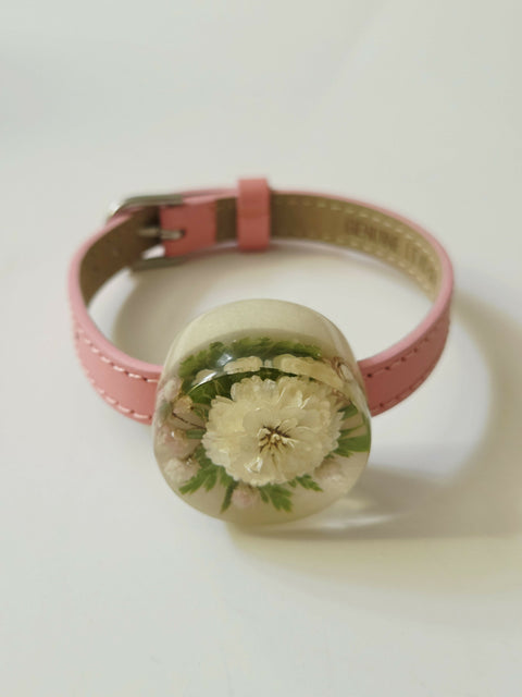 Handmade Resin Bracelet with Real Flowers | Adjustable Leather Strap | Floral Jewellery