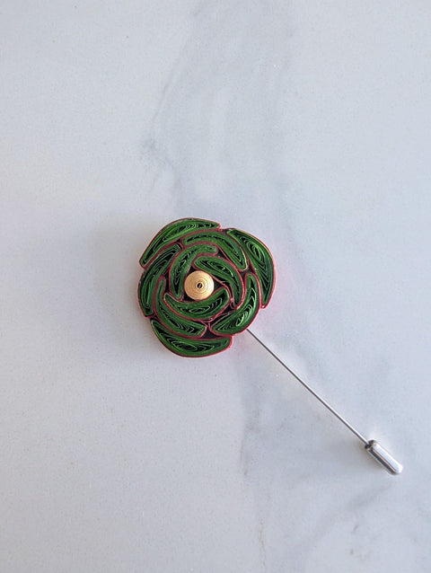 Handcrafted Paper Quilled Rose Lapel Pin - Bright Green & Red Floral Brooch with Yellow Center - Sealed Wearable Paper Art
