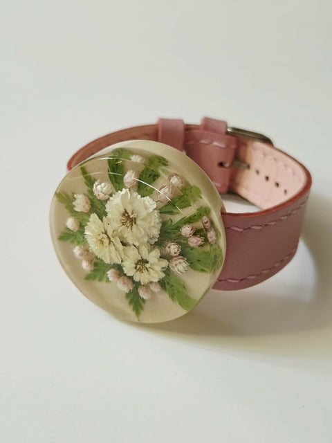 Handmade Resin Bracelet with Real Flowers | Adjustable Leather Strap | Floral Jewellery