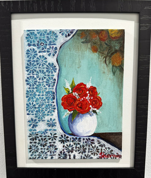 Red Roses, Beautiful Miniature painting, framed,