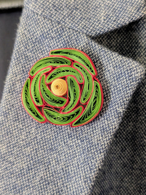 Handcrafted Paper Quilled Rose Lapel Pin - Bright Green & Red Floral Brooch with Yellow Center - Sealed Wearable Paper Art