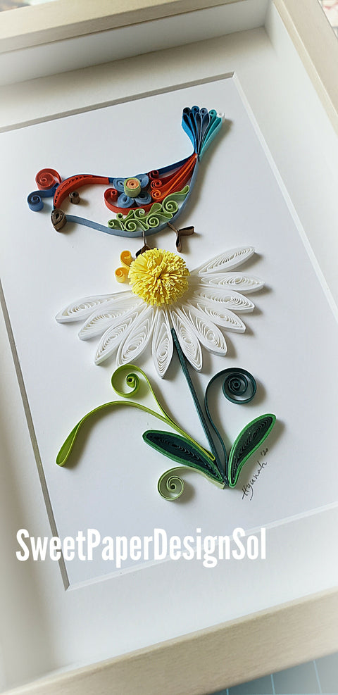 Paper Quilled Daisy &Bird Art: Framed Original Hyunah Yi Design