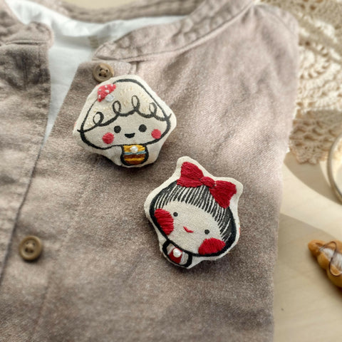 Hand drawn & Embroidery Mushroom Girl Brooches