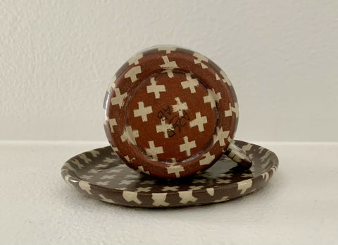 Handmade Nerikomi Mug and Saucer, Brown and Cream Geometric Ceramic Cup, One-of-a-Kind Pottery