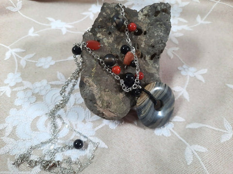 Banded Agate Pendant Necklace with assorted beads on chain