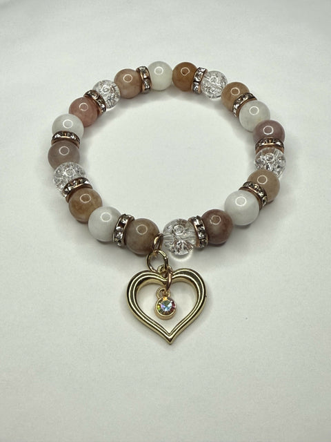 Natural Stone Heart Charm Bracelet, Handcrafted Mixed Beads with Rhinestone Spacers, Elegant and Spiritual Jewelry